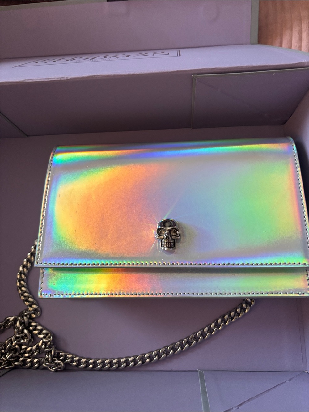 Alexander McQueen Holographic Iridescent Skull Chain Crossbody - Rainbow Sheen